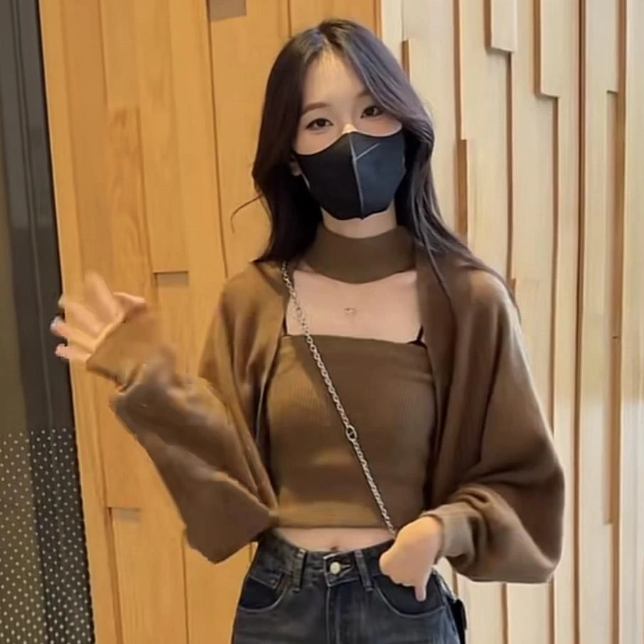 7371【真两件套】韩版气质纯色简约针织开衫背心两件套