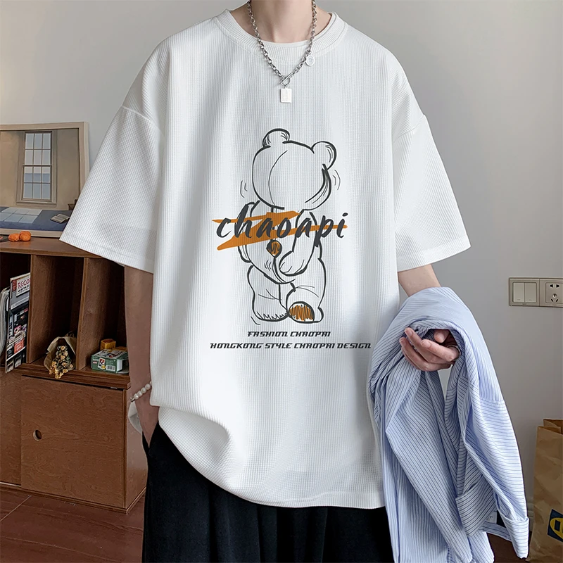 NINEDAO/玖岛夏季华夫格大码男款青少年休闲百搭宽松时尚半袖服装