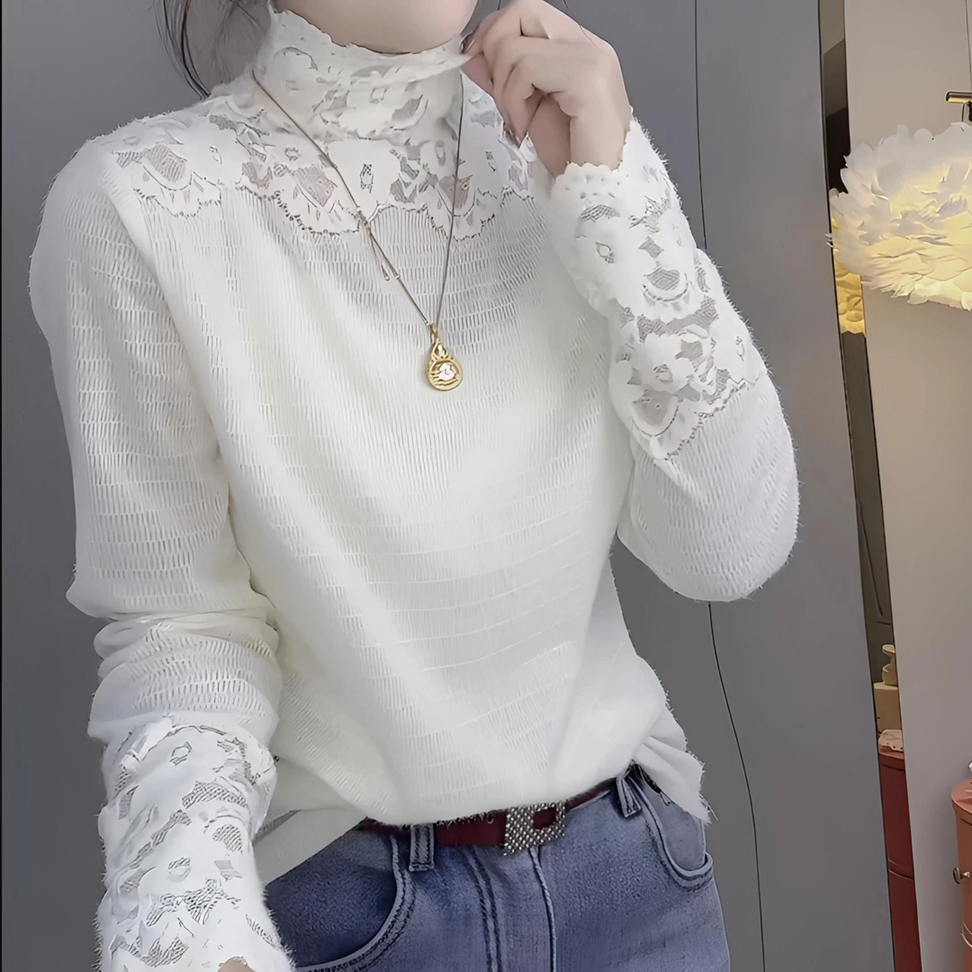 新款女士洋气蕾丝花边秋冬打底衫显瘦时尚百搭镂空修身打底衫1046