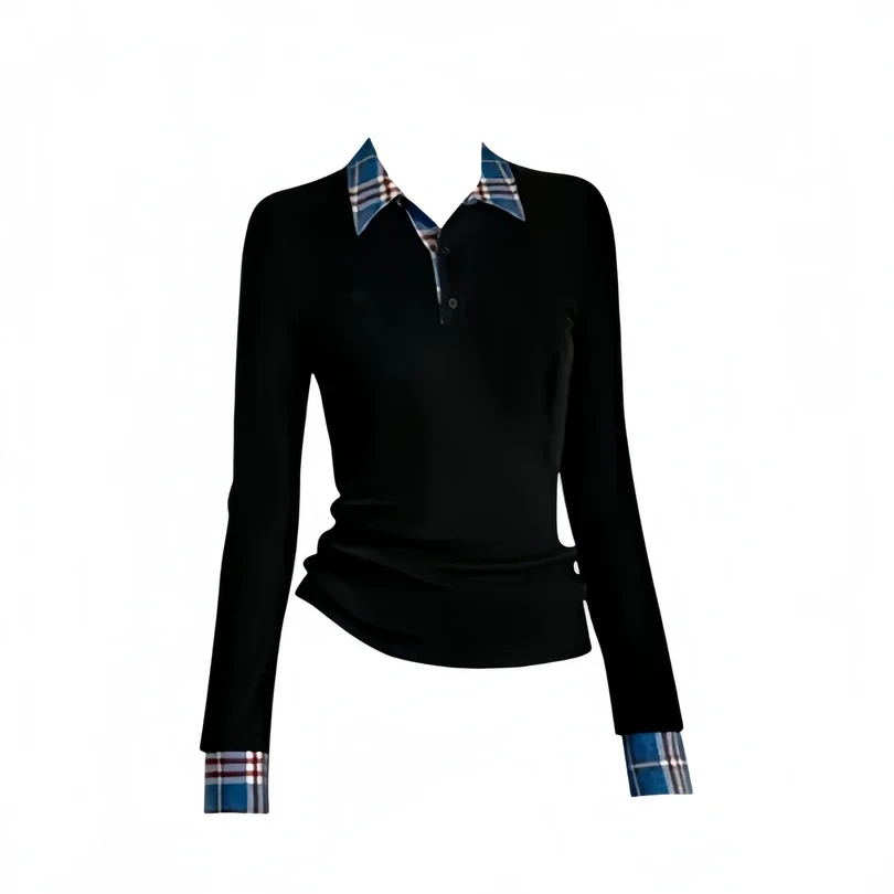 假两件polo领拼接撞色长袖打底针织衫女秋冬修身显瘦格纹上衣