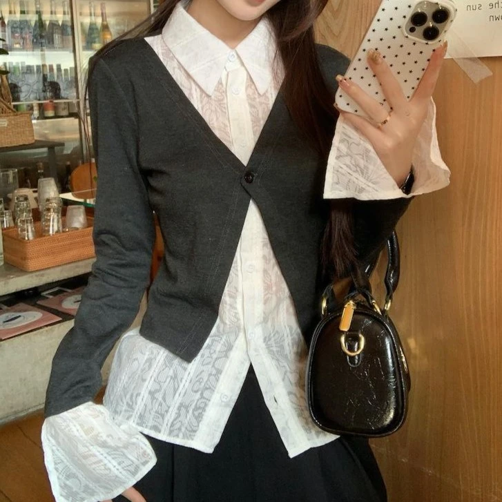 设计感假两件上衣拼接气质修身喇叭袖衬衫C1001