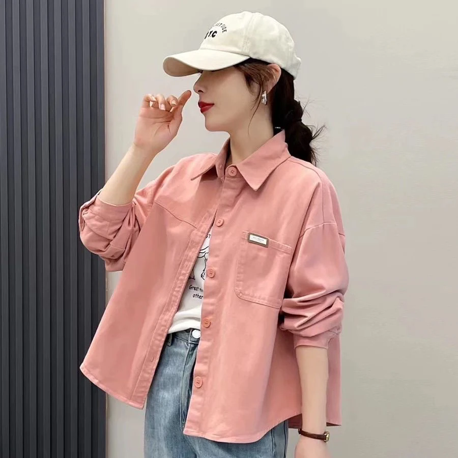 春秋季牛仔衬衫女2025新款小个子短款宽松百搭长袖衬衣水洗棉外套