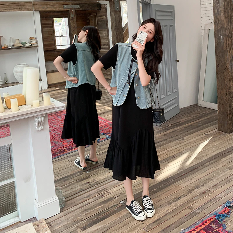 新中式牛仔马甲黑色连衣裙套装女2024夏季新款减龄休闲裙子两件套
