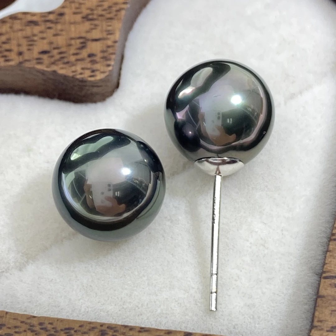 海水大溪地黑珍珠耳钉9-10mm点位18K金白针简约素钉*多样性发一