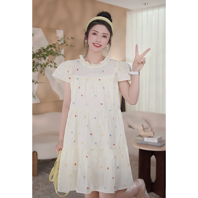 孕妇装2024全身刺绣中长款连衣裙孕期年轻显瘦飞袖裙子27号