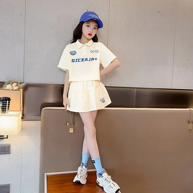 女童夏装Polo衫套装2024新款网红中大童时髦洋气翻领T恤拼接时尚