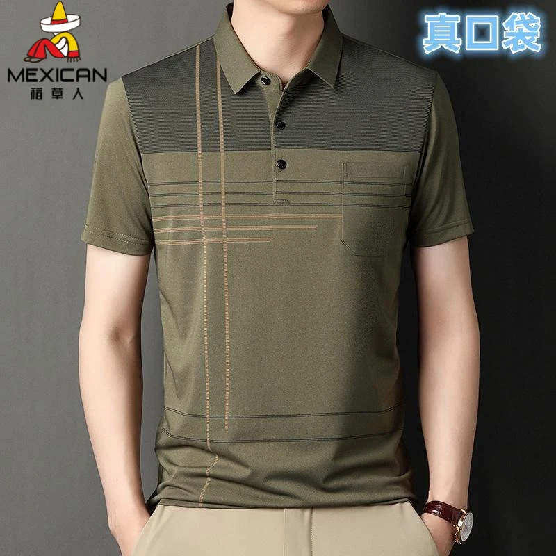 稻草人中年条纹短袖t恤中老年翻领polo衫夏季薄款宽松大码爸爸装