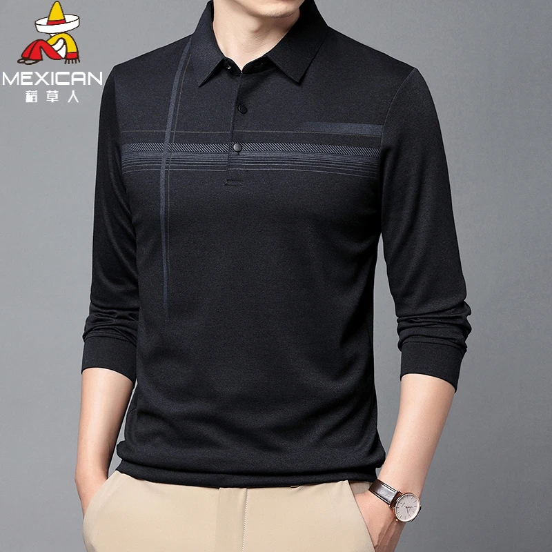 稻草人爸爸装上衣中年男士长袖t恤春秋款中老年人宽松条纹polo衫