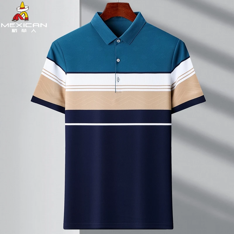 稻草人品牌夏季新款男士冰丝短袖t恤衫中年爸爸宽松翻领半袖上衣