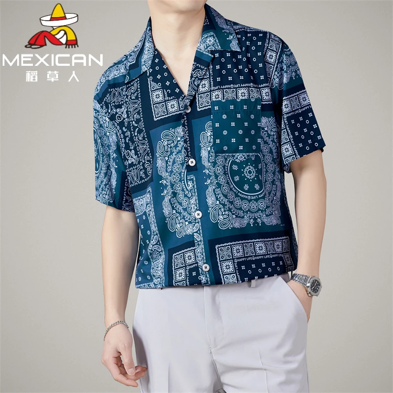 稻草人夏威夷风机车花衬衫男潮流百搭宽松腰果花五分袖碎花衬衣夏