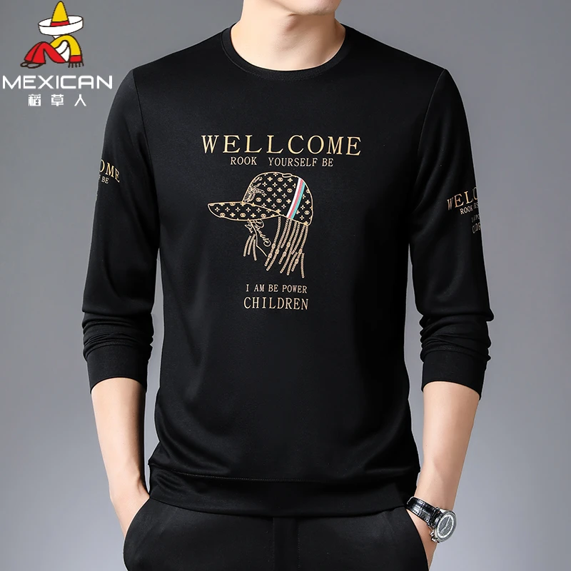 稻草人新款春秋季长袖T恤印花薄款休闲长袖t恤衫宽松圆领上衣服