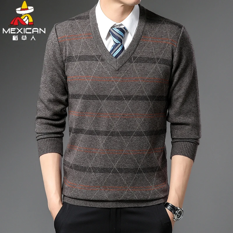 稻草人新款冬季v领针织衫男加厚男士毛衫爸爸装宽松打底衫保暖男