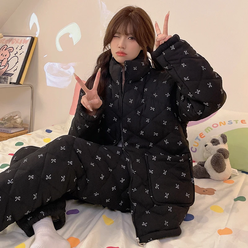 三层夹棉加厚加绒睡衣女冬季2024新款女士秋冬天款拉链家居服套装