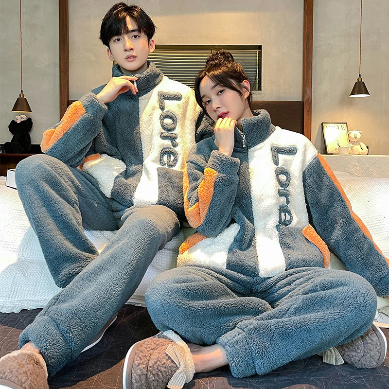 情侣睡衣冬季珊瑚绒加厚加绒拉链男女士秋冬款法兰绒可外穿家居服
