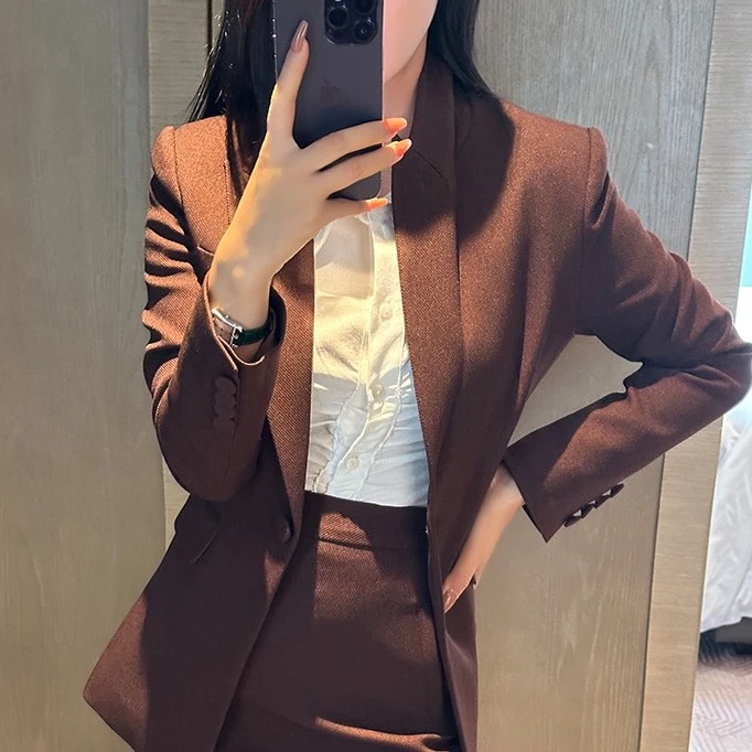 复古棕红色西装外套半身裙裤子套装气质英伦显瘦时尚西服-2397