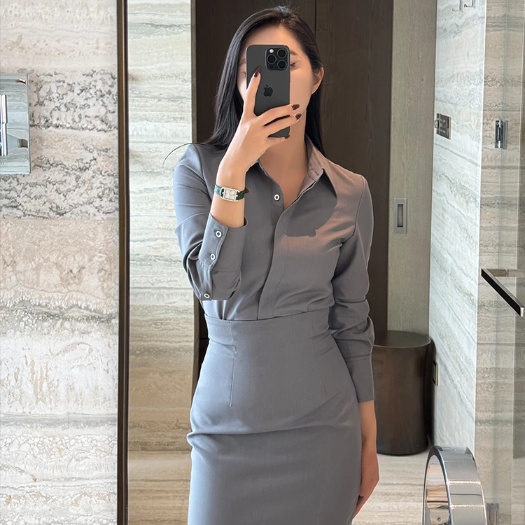 智美有型灰色长袖翻领衬衫半裙套装显瘦气质时尚修身设计感-2816