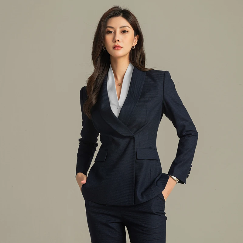 法式柏林蓝西装领长袖收腰西装气质九分裤两件套套装-3097女神范