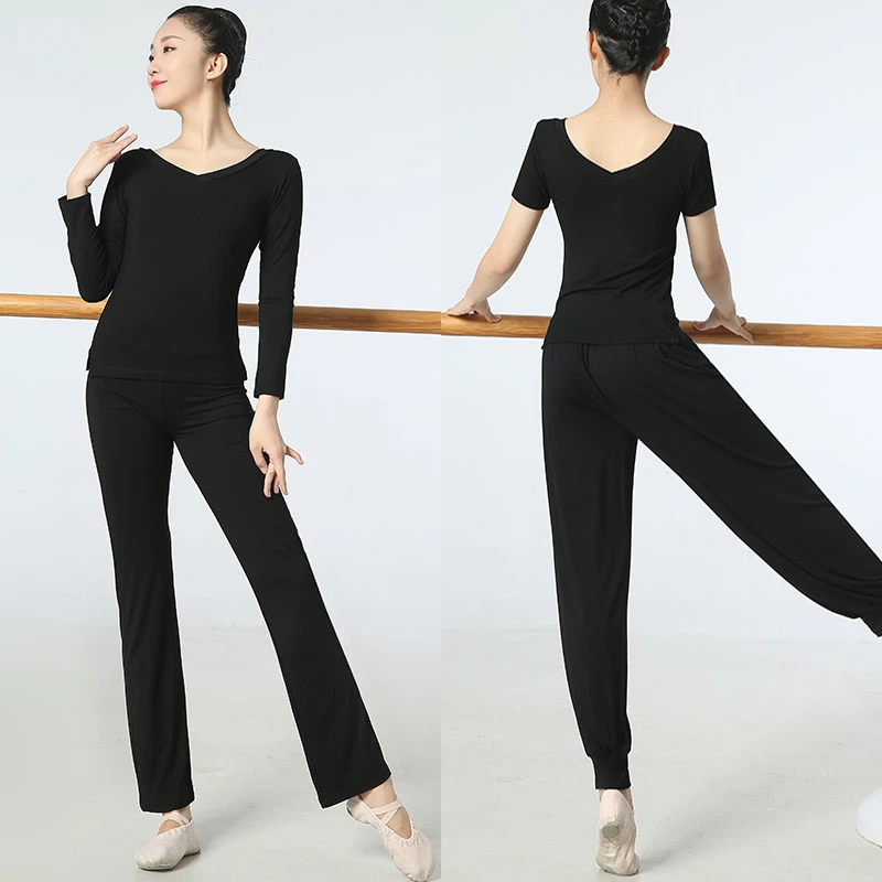 形体服练功舞蹈女上衣训练广场舞服装莫代尔黑色跳舞衣服新款中袖