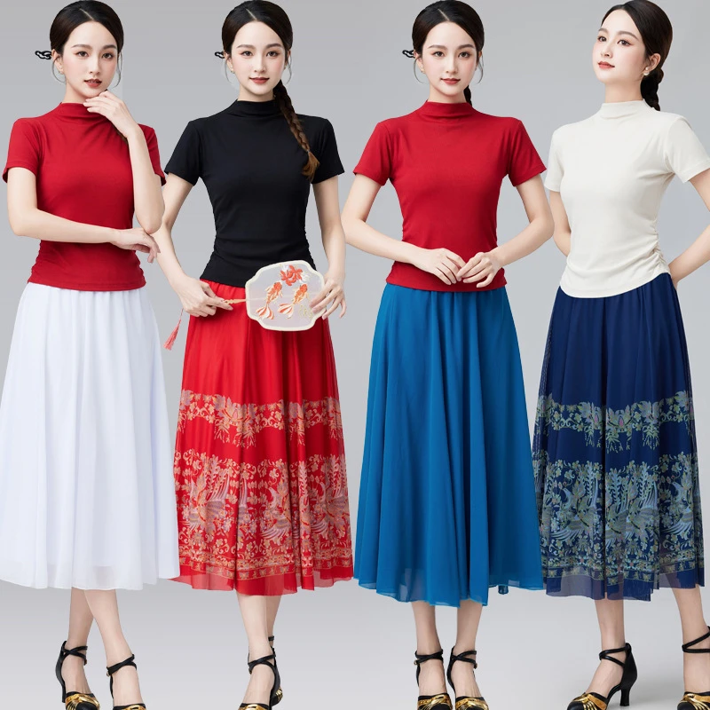 广场舞服装新款套装女夏季短袖民族风古典舞大摆裙演出团体跳舞服