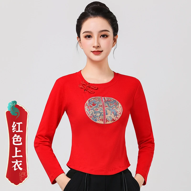 新中式国风刺绣舞蹈服秋季长袖棉广场舞服装上装长袖衣服t恤