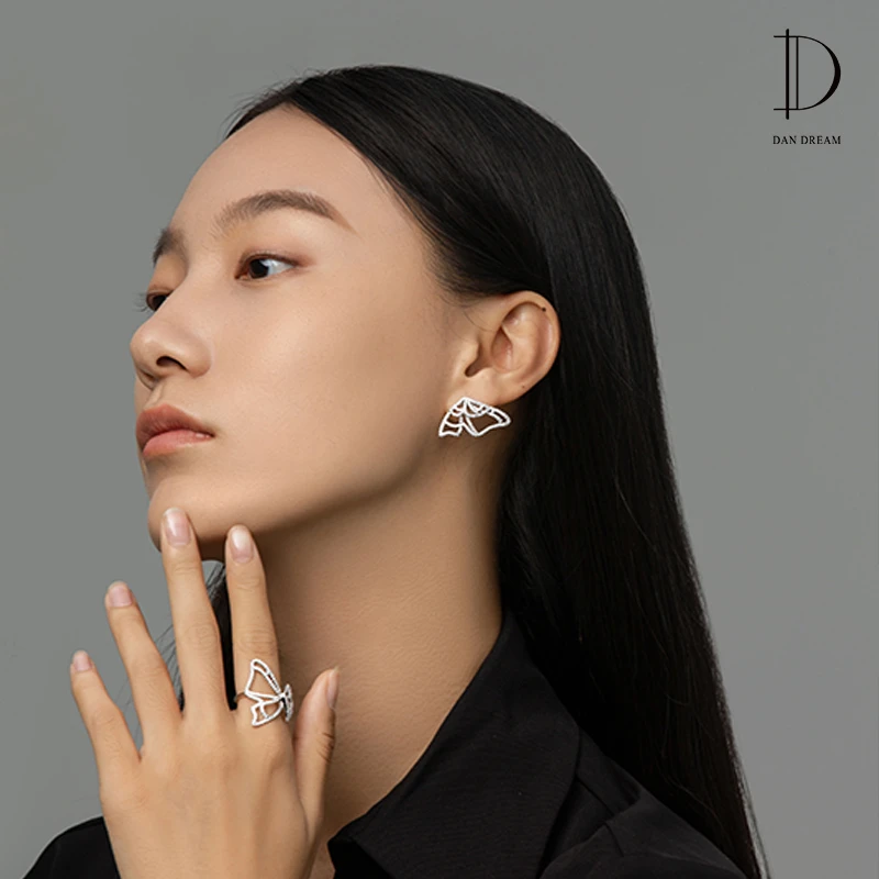 DANDREAM 925银合成锆石戒指 蝶舞耳钉+开口戒指组合装【子安】