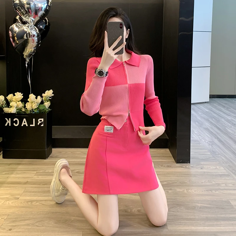 秋季修身长袖针织拉链开衫时尚套装显瘦高腰牛仔短裙气质两件套女