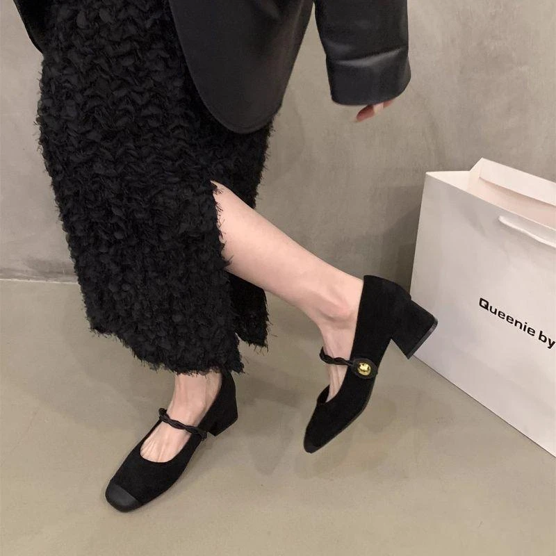 断码撤柜法式粗跟黑色绒面晚晚鞋女鞋子2024新款秋冬玛丽珍中高跟