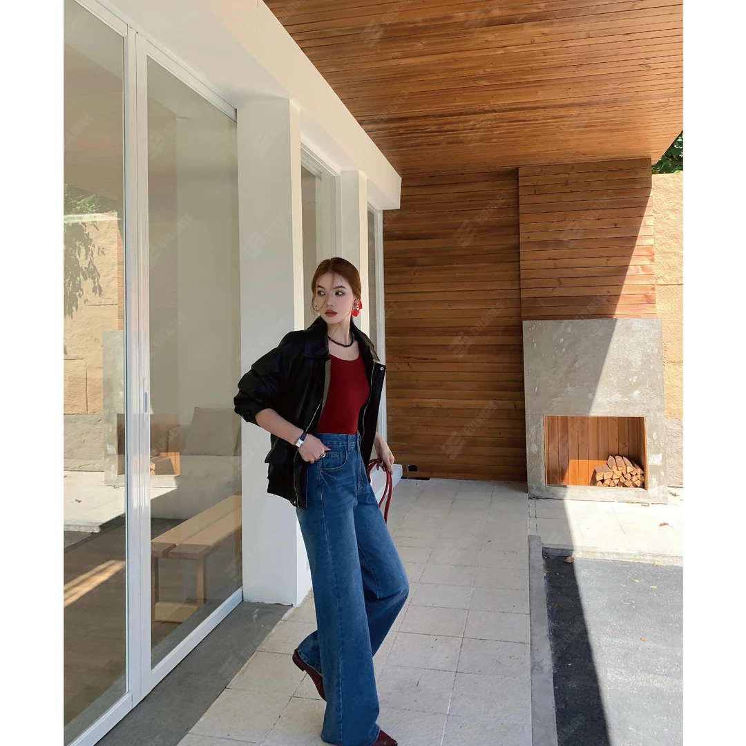 【超模蓝微喇】牛仔裤女初秋薄款新款时尚高腰设计感显瘦微喇裤