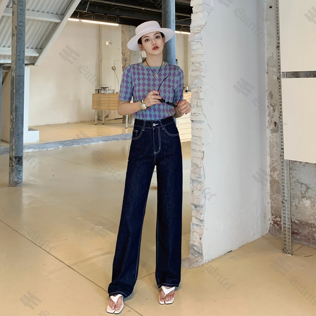 【现货】春季新款百搭显瘦高腰直筒裤复古时尚设计感牛仔裤