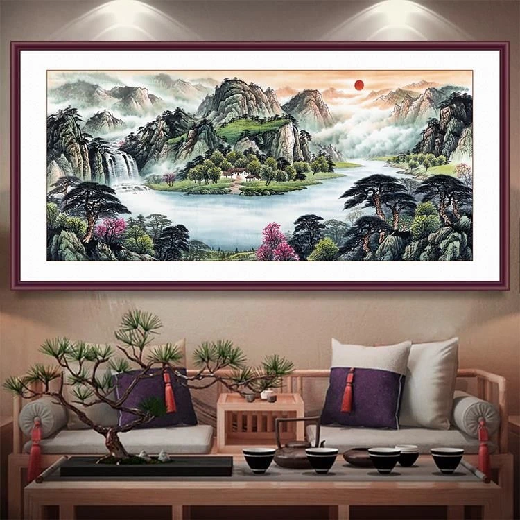 新中式国画立体沙发背景墙字画办公室山水画靠山图招财装饰画贴画