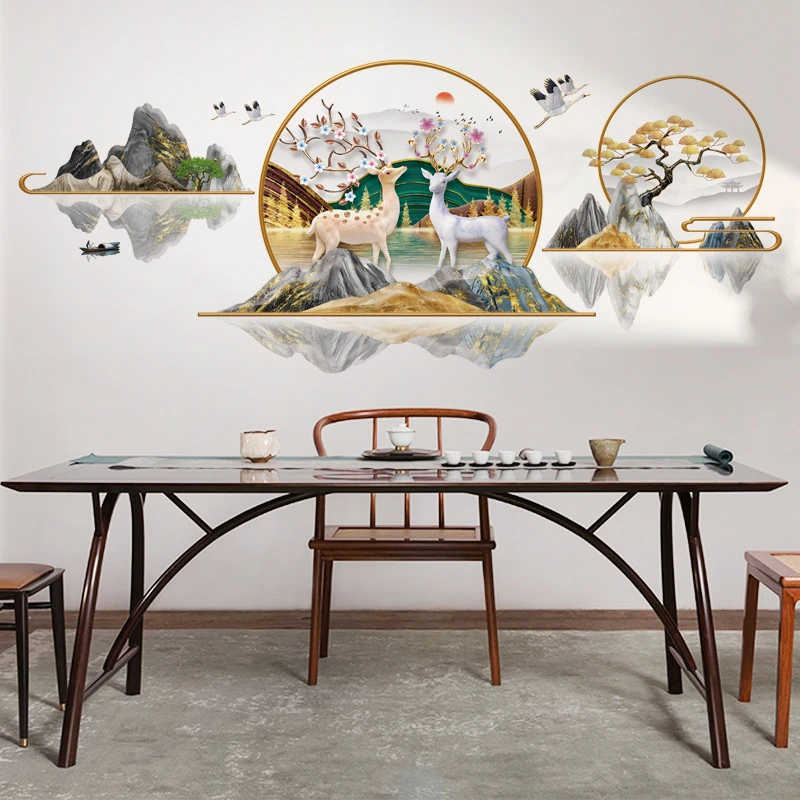 福鹿双全装饰画墙贴纸中国风墙贴纸电视背景卧室客厅装饰自粘壁画