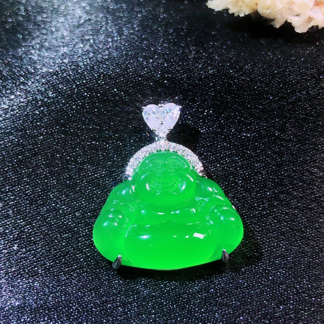 「蒂铭轩珠宝」天然绿玉髓925镶嵌精美佛公吊坠