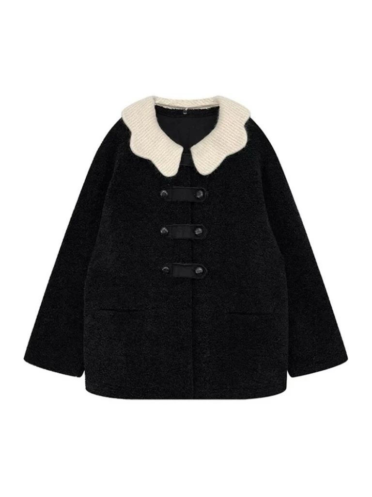 胖MM专属黑色羊羔毛气质女秋冬复古甜美花边领撞色宽松加厚大衣