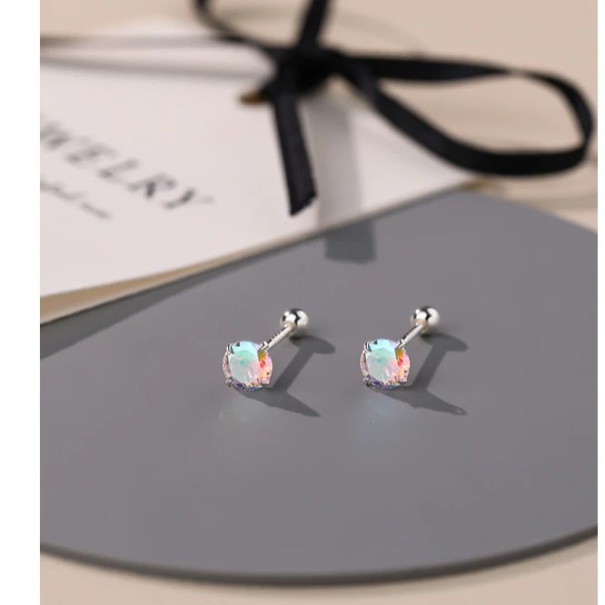 足银耳饰 S999足银彩锆螺丝耳钉养耳环防掉防敏免摘纯银饰品耳骨