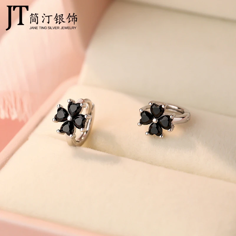 足银耳饰 S999足银四叶草耳扣女小众耳环圈黑色耳钉养耳饰品