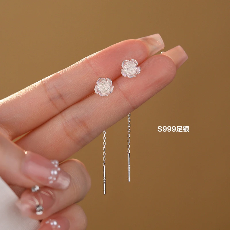 足银耳饰 S999足银炫彩玫瑰花耳线女小众设计耳环耳链短款养耳洞