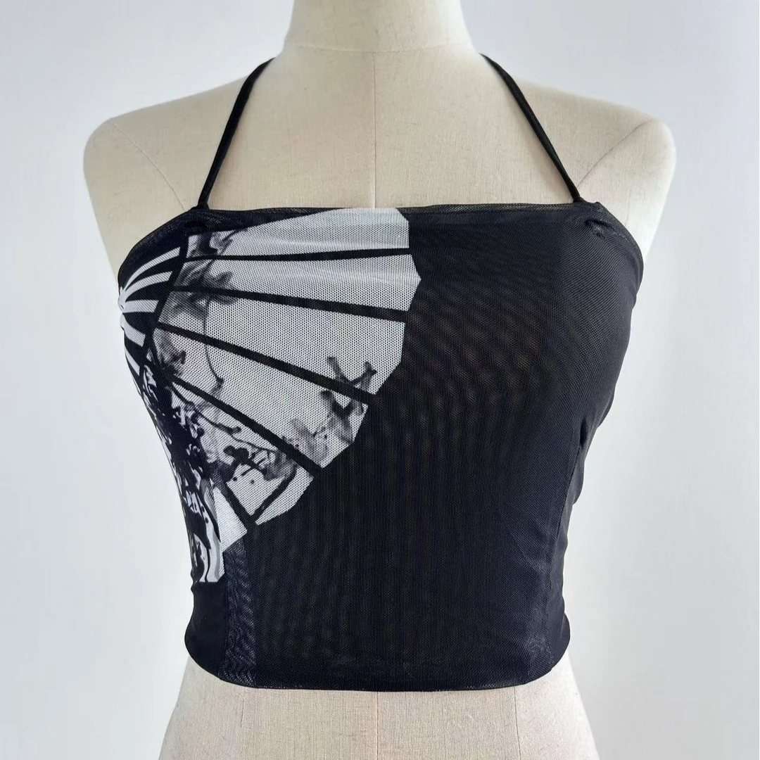 肉+盖国风爵扇子吊带挂脖国风爵士舞蹈服飘逸大摆裙抹胸吊带上衣