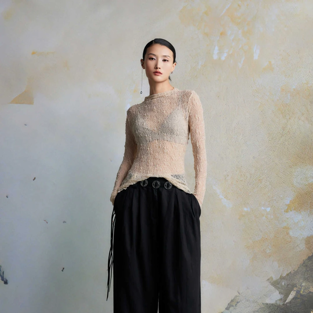 直播WYZ盖盖高领气质网纱T恤性感修身百搭时尚网红长袖蕾丝上衣