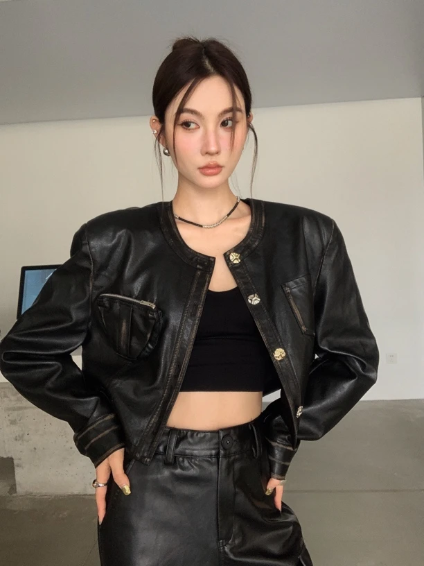 【XILN ALIN】NO退NO换 小众设计原创工装短款擦色皮外套