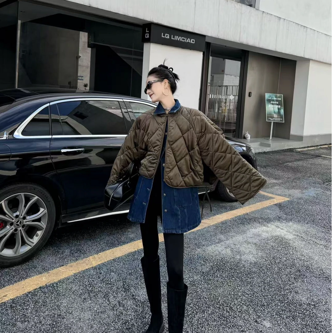 【XILIN ALIN 凌格】韩版时尚加厚菱形格翻领棉服百搭秋冬斗篷外套