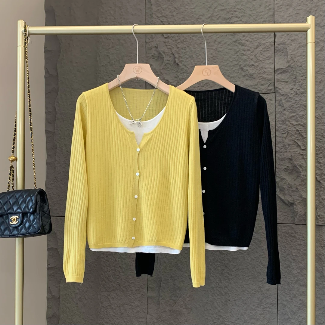 小个子圆圆2023秋季新款女长袖毛针织衫假两件套头开衫纽扣百搭