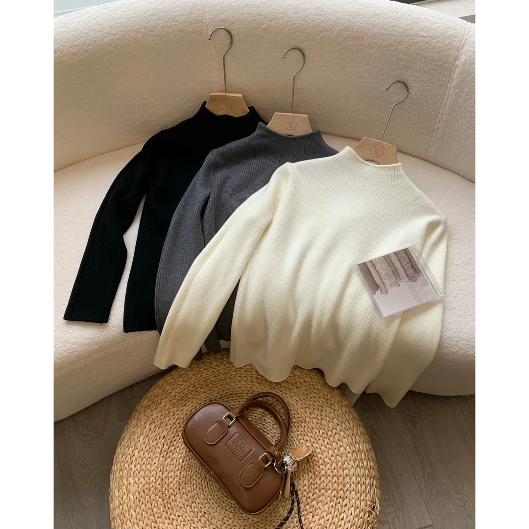 小个子圆圆DGS102秋冬季中领弹力加绒打底衫针织女修身弹力毛衣女