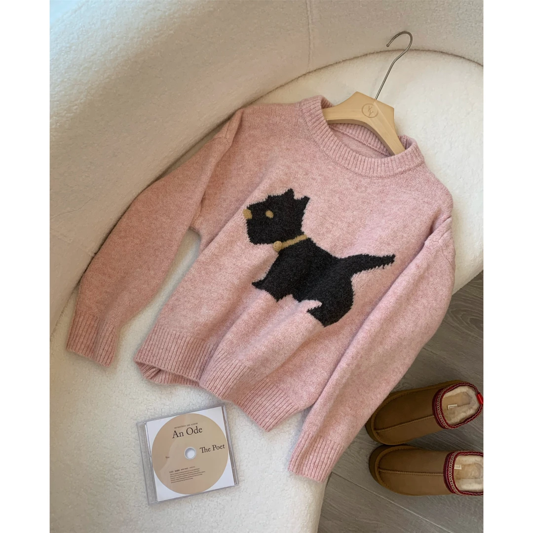 小个子圆圆4136冬季新款圆领套头刺绣毛衣宽松百搭保暖上衣女