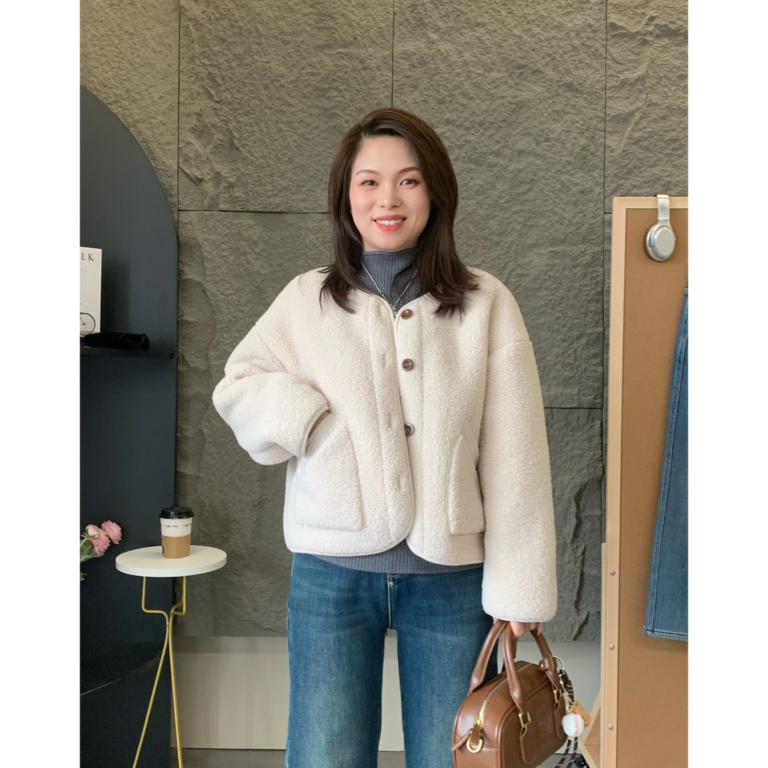 小个子圆圆DGS008韩系颗粒绒短款外套加厚小香风保暖百搭冬装女