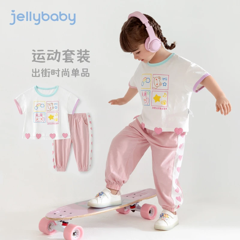 杰里贝比女童夏季运动套装儿童夏款休闲印花两件套小童 JTG12911H