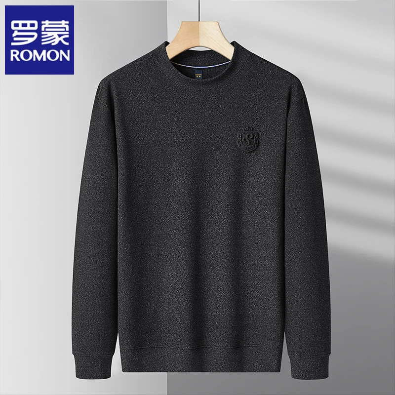 Romon/罗蒙长袖t恤男秋冬半高领卫衣男纳米绒双面德绒圆领打底衫