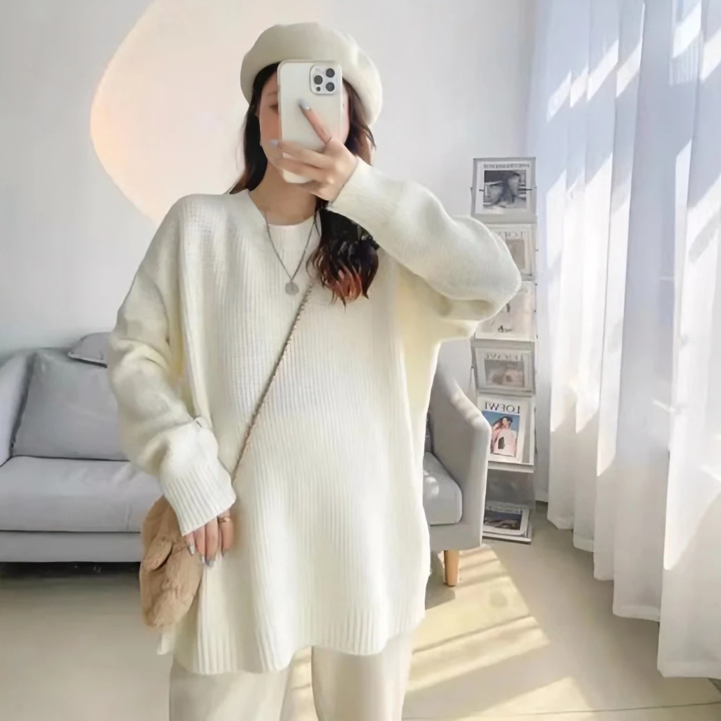 新款时尚宽松慵懒风可爱糖果系圆领中长款纯色加厚孕妇装毛衣