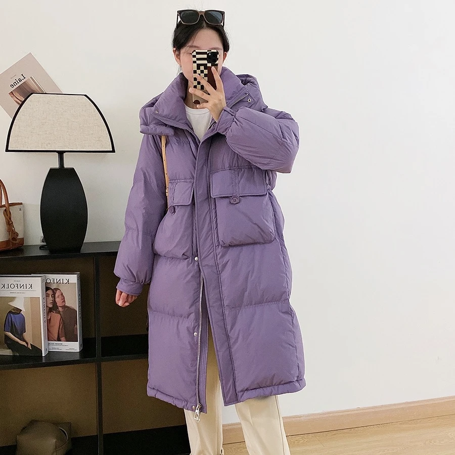 时尚系长款半粒扣90白鸭绒羽绒服女加厚百搭外休闲连帽保暖长款