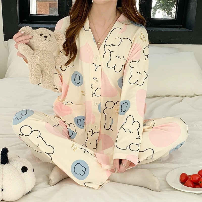 睡衣女春秋季前扣V领长袖韩版外穿大学生有弹性和服秋冬家居服女