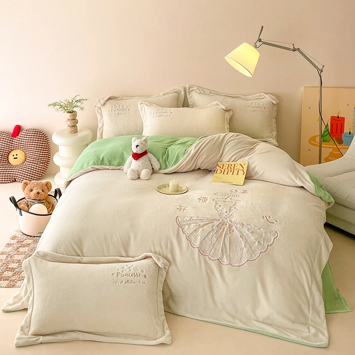 全消光母婴A类牛奶绒四件套-公主请开心 公主请开心-奶油白